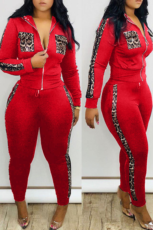 Red Sexy adult Fashion Patchwork Zippered Leopard Print Two Piece Suits pencil Long Sleeve