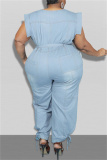 Light Blue Fashion Casual Solid Patchwork O Neck Plus Size Jumpsuits