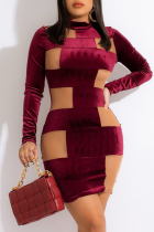 Burgundy Fashion Sexy Patchwork See-through Half A Turtleneck Long Sleeve Dresses