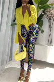 Yellow Sexy Casual Print Slit Turndown Collar Long Sleeve Two Pieces