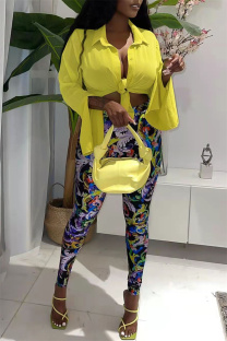 Yellow Sexy Casual Print Slit Turndown Collar Long Sleeve Two Pieces