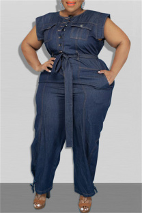 Dark Blue Fashion Casual Solid Split Joint O Neck Plus Size Jumpsuits