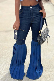 Dark Blue Street Solid Split Joint Fold High Waist Boot Cut Denim Jeans