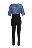 Blue Work Daily Print Hollowed Out Patchwork O Neck Regular Jumpsuits