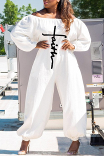 White Fashion Casual Print Basic Off the Shoulder Regular Jumpsuits