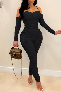Black Sexy Solid Patchwork Fold Spaghetti Strap Regular Jumpsuits