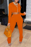 Orange Fashion Solid Fold Hooded Collar Long Sleeve Two Pieces