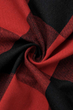 Red Black Fashion Casual Plaid Print Cardigan Turndown Collar Plus Size Overcoat