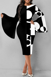Black Casual Elegant Print Split Joint O Neck One Step Skirt Dresses