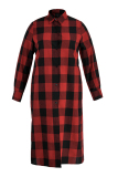 Red Black Fashion Casual Plaid Print Cardigan Turndown Collar Plus Size Overcoat