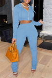 Light Blue Fashion Solid Fold Hooded Collar Long Sleeve Two Pieces