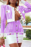 Light Blue Sexy Plaid Patchwork Cardigan Collar Long Sleeve Two Pieces