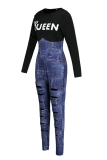 Black Fashion Casual Letter Print Ripped Patchwork O Neck Skinny Jumpsuits