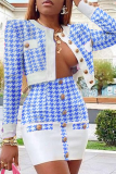 Light Blue Sexy Plaid Patchwork Cardigan Collar Long Sleeve Two Pieces
