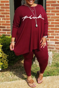 Burgundy Casual Print Split Joint O Neck Plus Size Two Pieces
