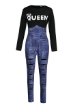 Black Fashion Casual Letter Print Ripped Patchwork O Neck Skinny Jumpsuits