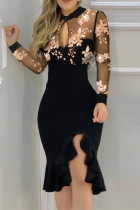 Black Fashion Sexy Patchwork Hollowed Out See-through O Neck Long Sleeve Dresses