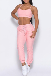 Pink Casual Sportswear Solid Cardigan Vests Pants Long Sleeve Three-piece Set