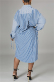 Blue Fashion Casual Striped Print Patchwork Frenulum Turndown Collar Shirt Dress (Without Belt)