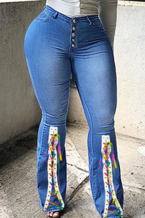 Dark Blue Casual Street Solid Bandage Split Joint High Waist Boot Cut Denim Jeans