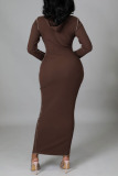 Coffee Casual Solid Split Joint Hooded Collar Pencil Skirt Dresses
