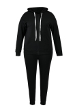 Black Sportswear Solid Patchwork Hooded Collar Plus Size Two Pieces