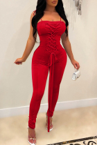 Red Fashion Sexy Solid Bandage Backless Spaghetti Strap Skinny Jumpsuits