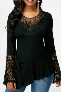 Black Casual Solid Split Joint See-through Asymmetrical O Neck Tops