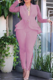 Pink Sexy Solid Split Joint Flounce Asymmetrical V Neck Long Sleeve Two Pieces
