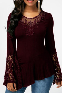 Burgundy Casual Solid Split Joint See-through Asymmetrical O Neck Tops