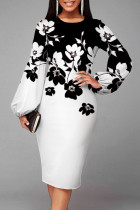 White Fashion Casual Print Basic O Neck Long Sleeve Dresses