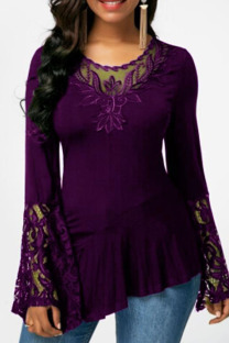 Purple Casual Solid Split Joint See-through Asymmetrical O Neck Tops