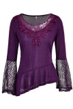 Purple Casual Solid Patchwork See-through Asymmetrical O Neck Tops