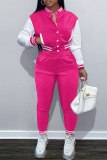 Pink Fashion Casual Patchwork Cardigan Pants Long Sleeve Two Pieces