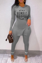 Grey Casual Print Split Joint Slit O Neck Long Sleeve Two Pieces
