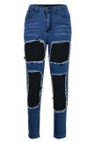 Blue Fashion Casual Solid Ripped Hollowed Out High Waist Skinny Denim Jeans