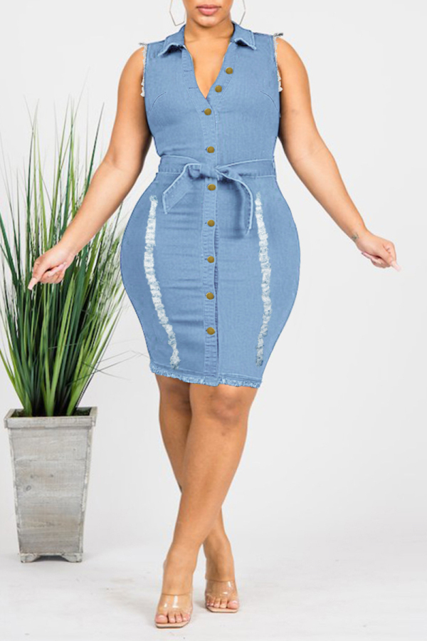Light Blue Casual Solid Patchwork Buckle Turndown Collar Plus Size Dresses