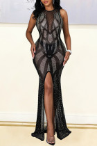 Black Fashion Sexy Patchwork Hot Drilling See-through Slit O Neck Evening Dress