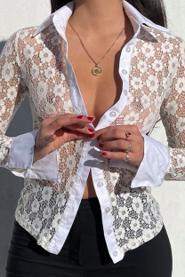 White Sexy Patchwork Lace Turndown Collar Tops