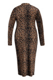 Leopard Print Fashion Casual Print Basic O Neck Long Sleeve Plus Size Dresses