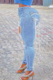 Light Blue Casual Street Solid Ripped Make Old Patchwork Frenulum High Waist Denim Jeans