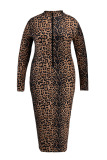 Leopard Print Fashion Casual Print Basic O Neck Long Sleeve Plus Size Dresses