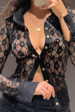 Black Sexy Patchwork Lace Turndown Collar Tops