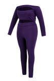 Purple Sexy Solid Hollowed Out Split Joint Off the Shoulder Plus Size Two Pieces