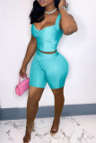 Light Blue Sexy Casual Solid Backless V Neck Sleeveless Two Pieces