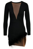 Black Sexy Solid Split Joint Feathers Mesh O Neck One Step Skirt Dresses