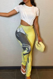 Yellow Fashion Casual Print Patchwork Skinny High Waist Pencil Trousers