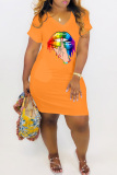 Orange Fashion Casual Lips Printed Basic V Neck Short Sleeve Dress Dresses
