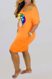 Orange Fashion Casual Lips Printed Basic V Neck Short Sleeve Dress Dresses