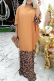 Earth Yellow Casual Print Leopard Bandage Split Joint O Neck Straight Plus Size Dresses